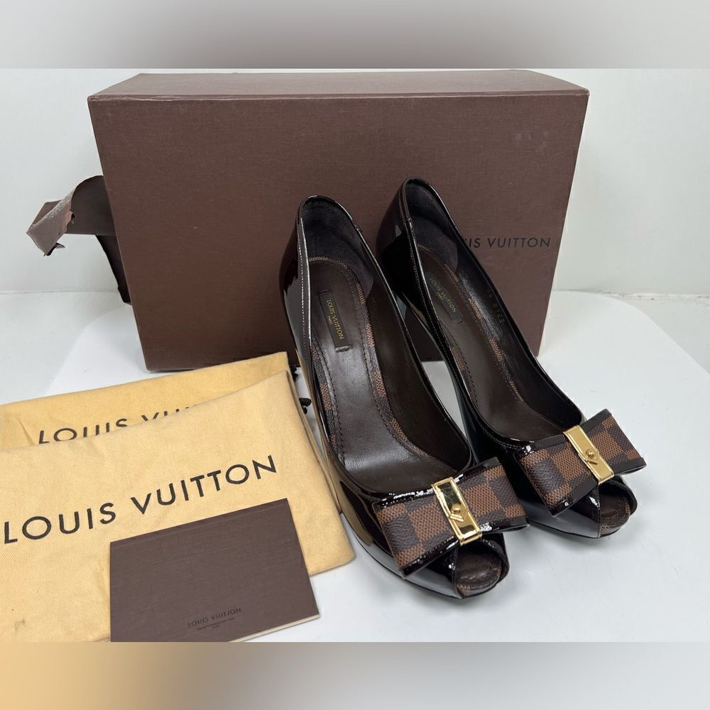 Louis Vuitton Brown Patent Leather Valentine Peep Toe Pumps Size 41